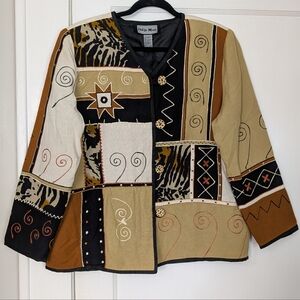 Indigo Moon Jacket Women L Patchwork Boho Linen Blend Made in India